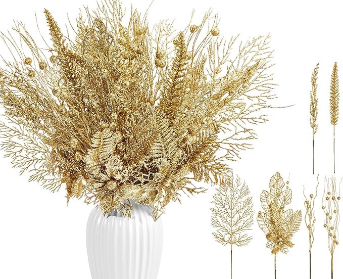 30 Pcs Artificial Christmas Tree Picks and Sprays Glitter Berry Stem Branches Holly Floral Picks Twigs Christmas Tree Ornaments for DIY Xmas Wreath Vase Filler Decorations(Gold)