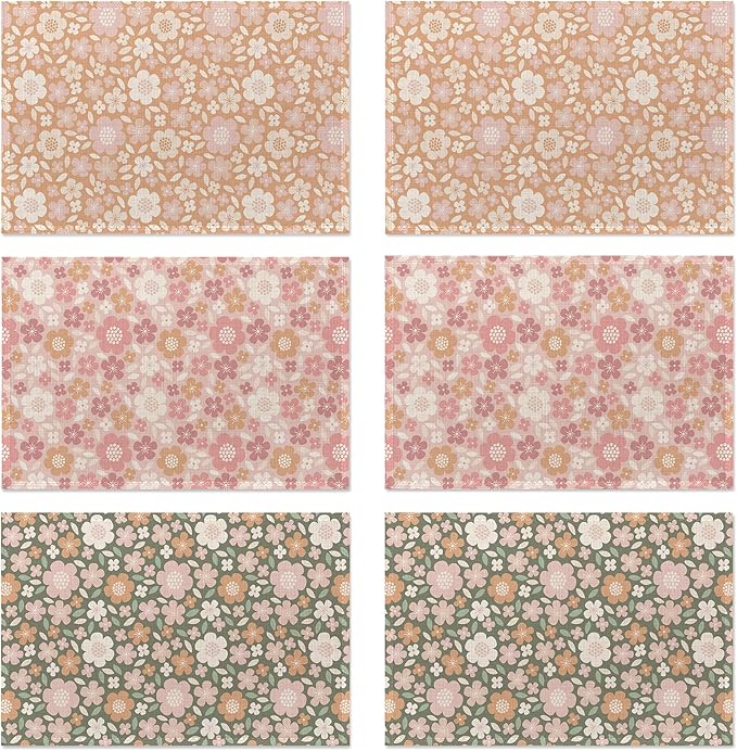 Spring Summer Flower Placemats Set of 6,Washable Heat Resistant 12×18 Inch Linen Table Mats Cute Floral Place Mats for Party Outdoor Dining Décor