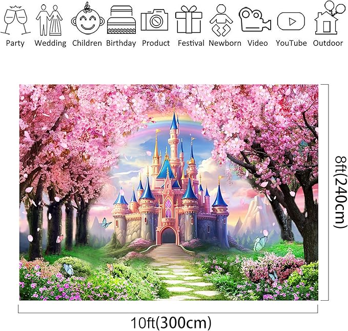 Riyidecor Princess Castle Backdrop Vinyl Pink Sakura Rainbow Flowers Floral Fantasy Fairy Tale Wonderland 10Wx8H Feet Butterfly Photography Background Birthday Wedding Party Photo Studio Shoot