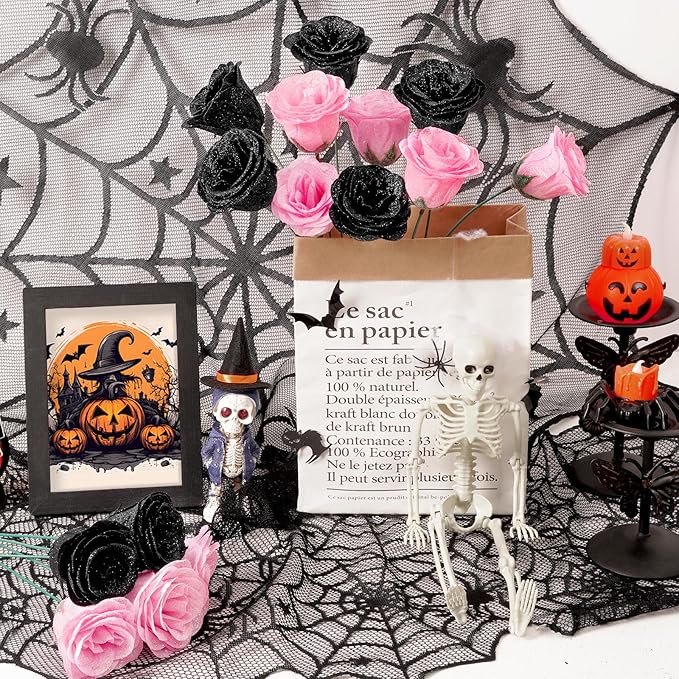 Waipfaru Glitter Roses Bouquet, DIY Black & Pink Halloween Flowers Bouquet, Artificial Fake Rose Bouquet for Halloween, Wedding, Anniversary, Engagement, 24 Rose
