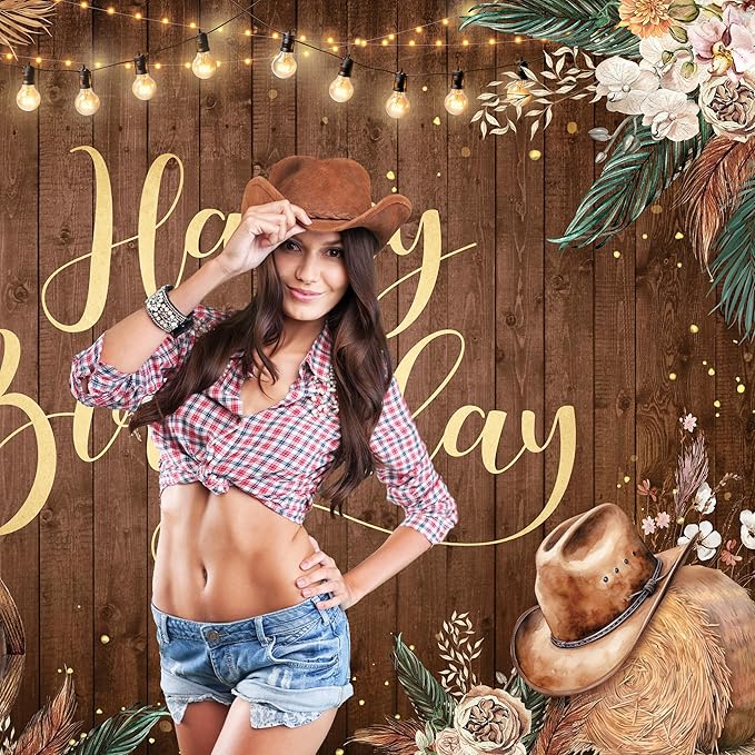 SVBright Western Cowgirl Birthday Backdrop 8Wx6H Farmhouse Pampas Grass Country Rustic Wild West Wooden Boho Flower Retro Boots Hat Decorations Photography Background Banner Photo Booth Studio