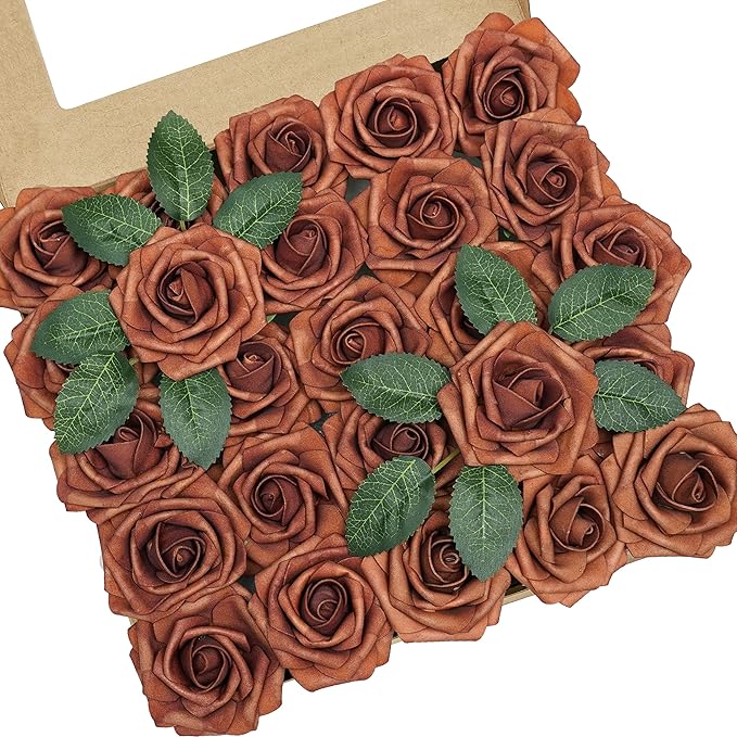 Artificial Flowers, 25pcs Terracotta Artificial Rose for DIY Wedding Bouquets Centerpieces Arrangements, Foam Roses with Stems for Bridal Shower Party Home Decorations