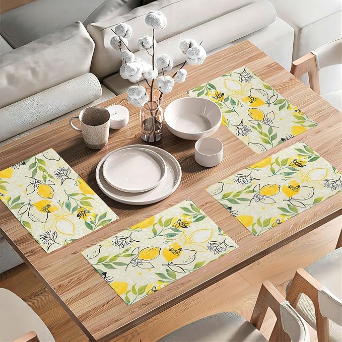 Lemon Table Placemats Set of 4 Farm Food Bee Animal Flower Placemat Set Farmhouse Kitchen Dining Holiday Party Waterproof Washable Table Mats for Kitchen Dining Decoration 4 PCS