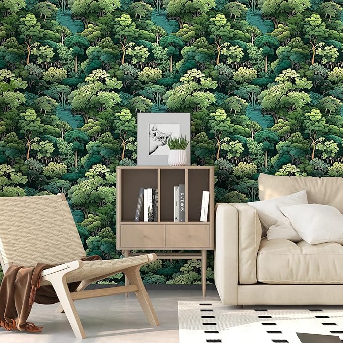 Forest Wallpaper Peel and Stick, Green Trees Contact Paper, Vintage Woodland Mountain Botanical Wall Paper Self Adhesive Waterproof Removable for Room Shelves Cabinet Drawer Table Decor 17.5" x 78.7"