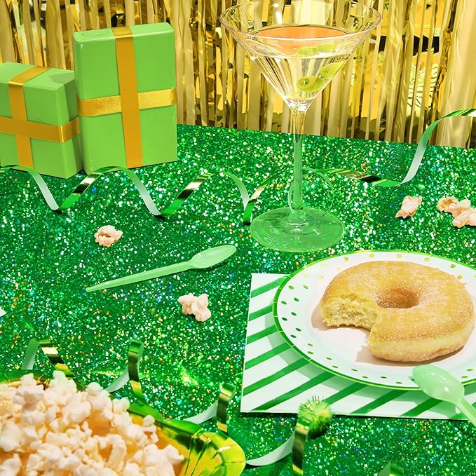 2 pcs Green Holographic Tablecloth 40" x 108" Christmas Table Cloth Shimmer Shining Plastic Metallic Table Cover for Jungle Safari St. Patrick's Day Baby Shower Birthday Party Decoration Supplies