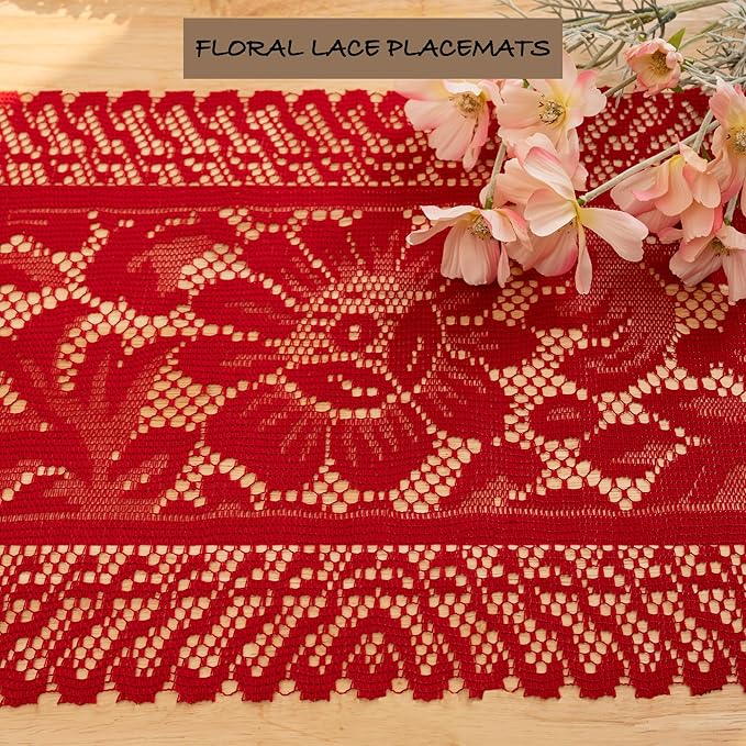 Jayla 2 Pcs Rectangle Lace Placemats for Tables Embroidered Lace Tablemats Vintage Crochet Floral Table Runner Vintage Wedding, Tea Party Decor,12x17 Inch