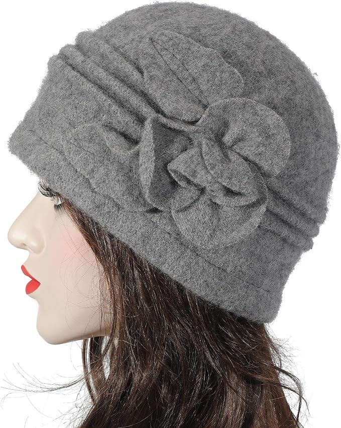 ZLYC Women Wool Cloche Bucket Hat 1920s Vintage Dress Winter Hats with Flower Accent