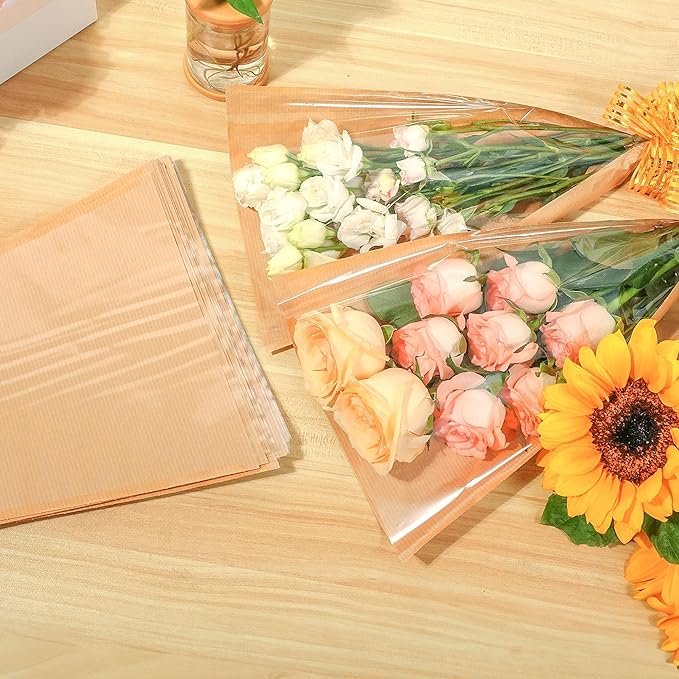 JOYIT Flower Bags for Bouquets, 100PCS Flower Wrapping Papers 9.8in x 18in, Kraft Flower Wrapping Bags, Floral Wrapping Paper Flower Sleeves for Mother's Day and Floral bouquets Packaging