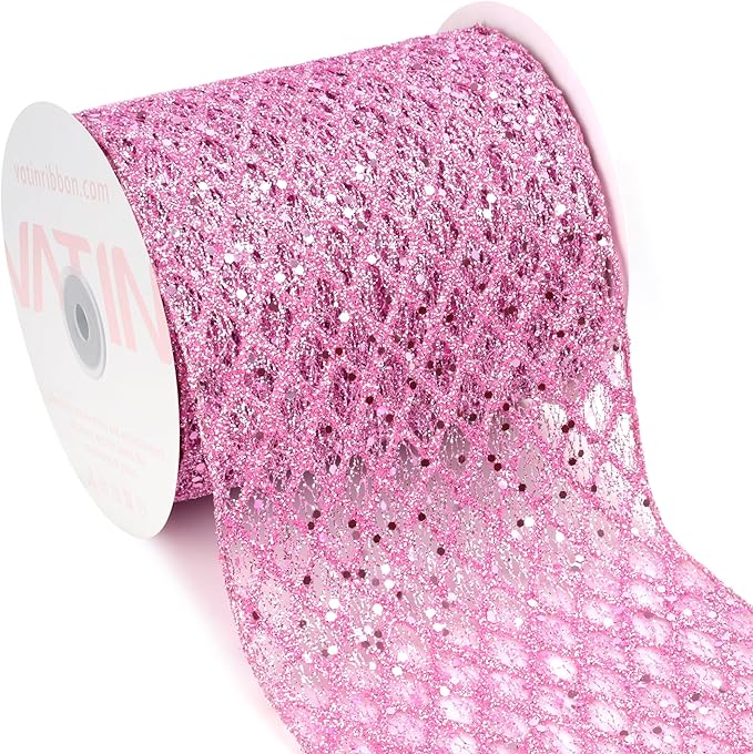 VATIN 6" Pink Christmas Ribbon, Pink Glitter Mesh Diamond Web Sequin Dots Wired Christmas Ribbon for Gift Wrapping Bow Making Wreath Supply-10 Yards