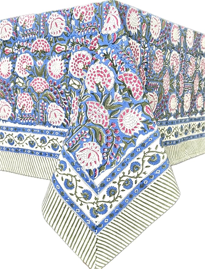 ATOSII Clover Pink 100% Cotton Rectangle Boho Fall Tablecloth, Handblock Floral Table Cloth Linen for Kitchen Dining I Parties Wedding Outdoors Christmas Thanksgiving I 72 X 108 Inches I 8 Seater