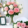 20PCS Artificial Roses with Long Stems - Realistic Silk Flowers, Fake Roses Bouquet of Roses for Home Decor, Bridal Wedding Party Table Centerpieces, Bulk Faux Rose Flowers (White Pink)