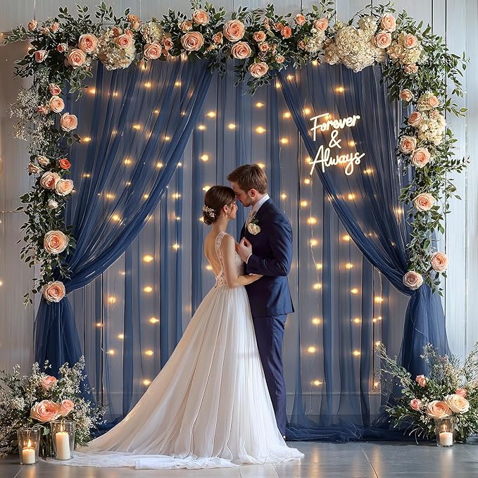 10x10ft Navy Blue Tulle Backdrop Curtain with Lights String for Parites, Sheer Backdrop Curtains for Wedding Baby Shower Birthday Party Photo Shoot Decorations