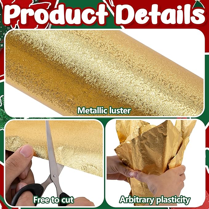 Adnee 10 Yard Floral Foil Plant Pot Covers,Matte Texture Christmas Plant Pot Foil,Golden Floral Pot Wrapping Paper for Christmas Home Flower Pot DIY decor