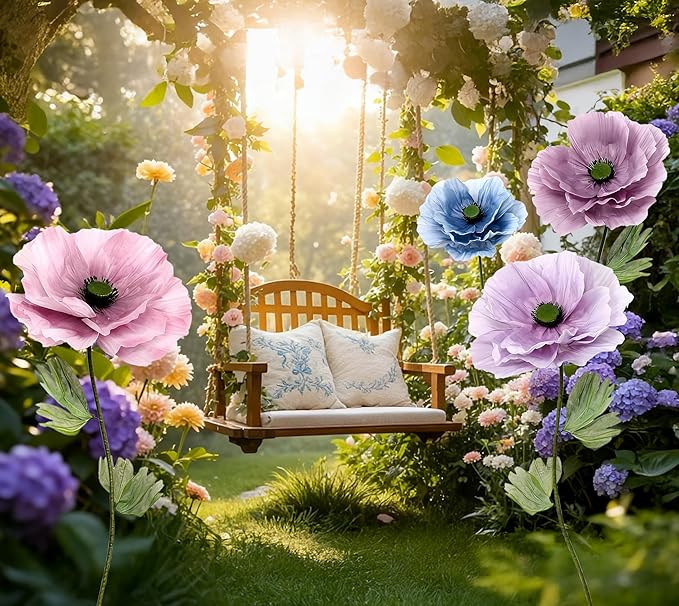 Giant Artificial Flowers 1pack Fake Flowers for Decoration, Fabric Poppy Flower for Wedding Birthday Easter Party Mother's Day Banquet Photography Props Garden Shop Window Display Decor (Light Purple)