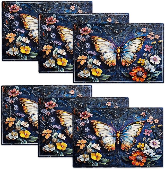 Colorful Butterfly Placemats Set of 6, Spring Place Mats, Florals Dining Table Mats, Rustic Washable Placemats for Kitchen Dining Room Home Decor 18L'' × 12W''