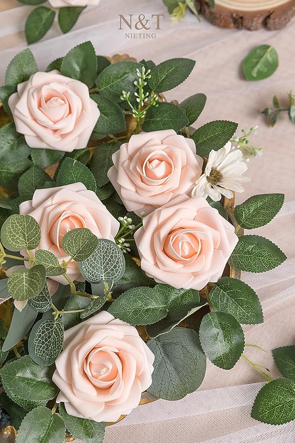 N&T NIETING Artificial Flowers, 25Pcs Fake Flowers Roses Perfect for DIY Wedding Bouquets Centerpieces Bridal Shower Party Home Flower Arrangement Decorations, Blush