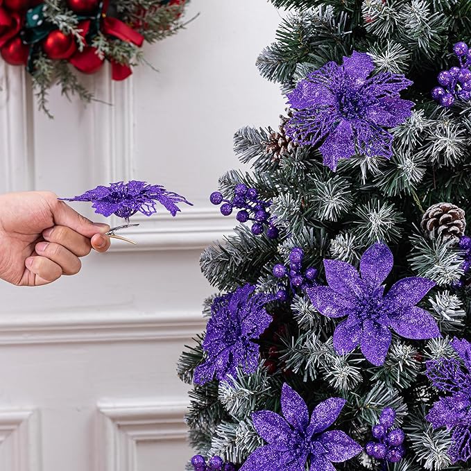 24Pcs Purple Glitter Poinsettia Christmas Tree Ornaments and Glitter Berries Stems, 16Pcs Christmas Artificial Flowers and 8 Pack Christmas Tree Picks for Wedding Xmas Holiday Decorations
