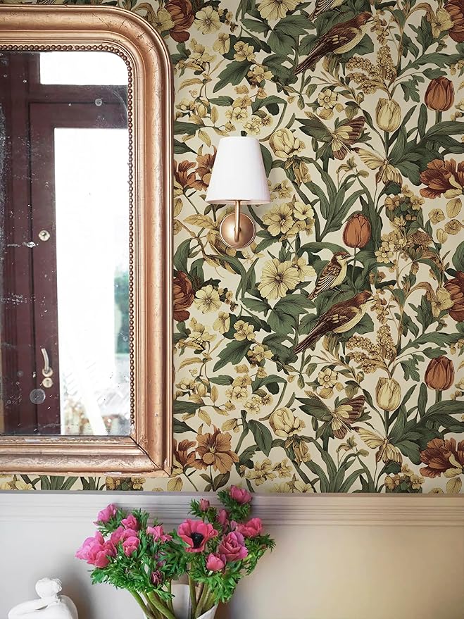 Erfoni 17.3" x197" Beige Retro Floral and Bird Contact Paper Vintage Peel and Stick Wallpaper for Bedroom DIY Self Adhesive Wall Paper Boho Floral Leaf Removable Wallpaper for Accent Wall Covering