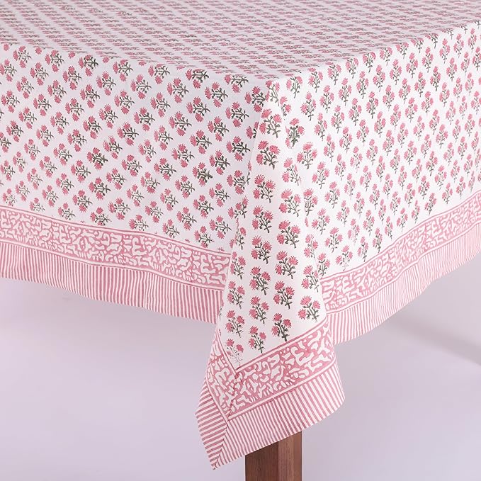 ATOSII Gulbahar White Pink 100% Cotton Fall Rectangle Tablecloth, Hand Block Print Washable Table Cover, Christmas Parties Buffet Dining, Weddings, Thanksgiving, Halloween, 60 X 90 Inches, 6 Seater