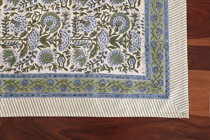 ATOSII Clover Blue 100% Cotton Rectangle Spring Tablecloth, Handblock Floral Linen Table Cloth for Kitchen Dining Table I Parties Weddings Outdoors Easter Home Decor 72 X 120 Inches I 10 Seater