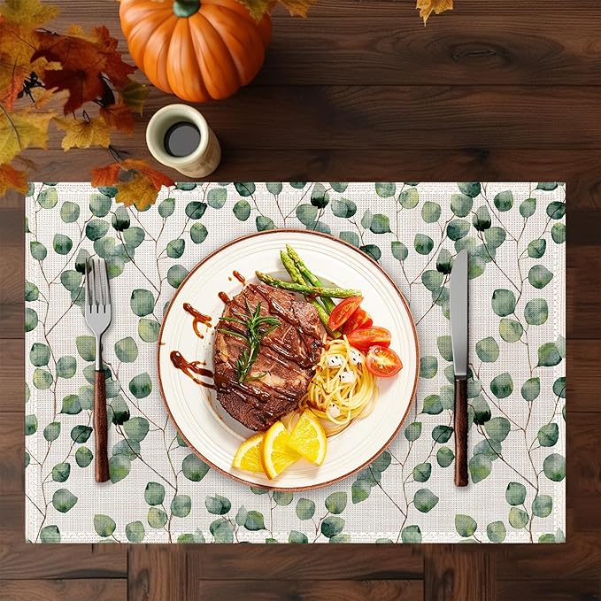 Eucalyptus Green Sage Placemats Set of 6,Washable Heat Resistant 12×18 Inch Linen Table Mats Spring Leaves Place Mats for Party Outdoor Dining Décor