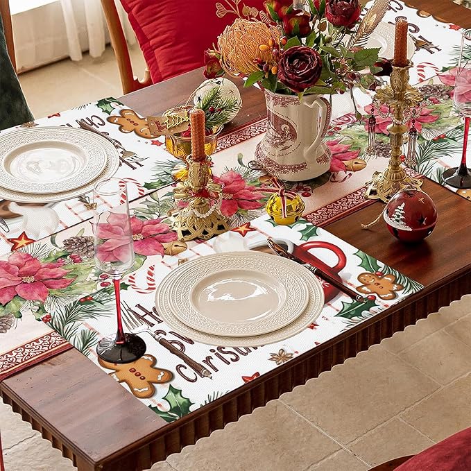 Christmas Placemats Set of 4,Have a Sweet Christmas Placemats Dining Table Mat Set,12x18 Washable Stain Resistant Wipeable Cloth Placemat for Kitchen Buffet Parties