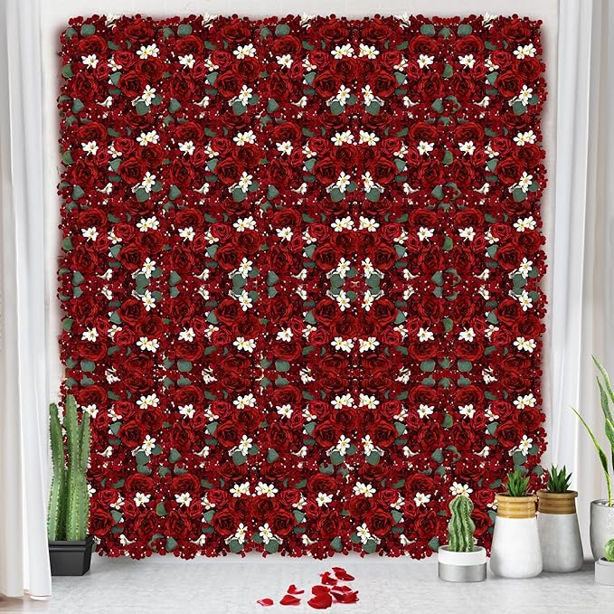 Pack of 12 Artificial Silk Flower Panels, Faux Floral Wall Background for Wedding Party Engagement Bridal Shower Arrangement Home Decorations - Burgundy