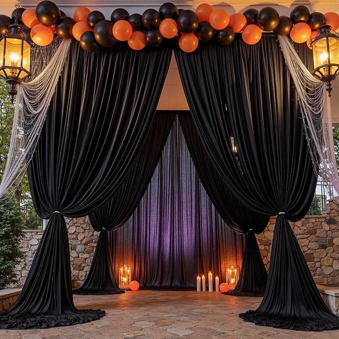 PartyVillage 30ft×15ft Black Backdrop Curtain for Halloween Parties, 6 Panels Wrinkle Free 15 FT Long Polyester Photo Backdrop Drapes Back Drop Cloth for Birthday Photography Background
