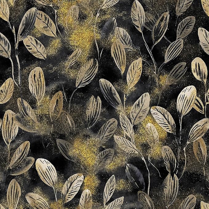 Modern Black and Gold Floral Leaf Peel and Stick Wallpaper Removable Dark Art Deco Self Adhesive Vinyl Contact Wall Paper for Bathroom Renter Friendly Wallpaper 17.7" X 70.8"