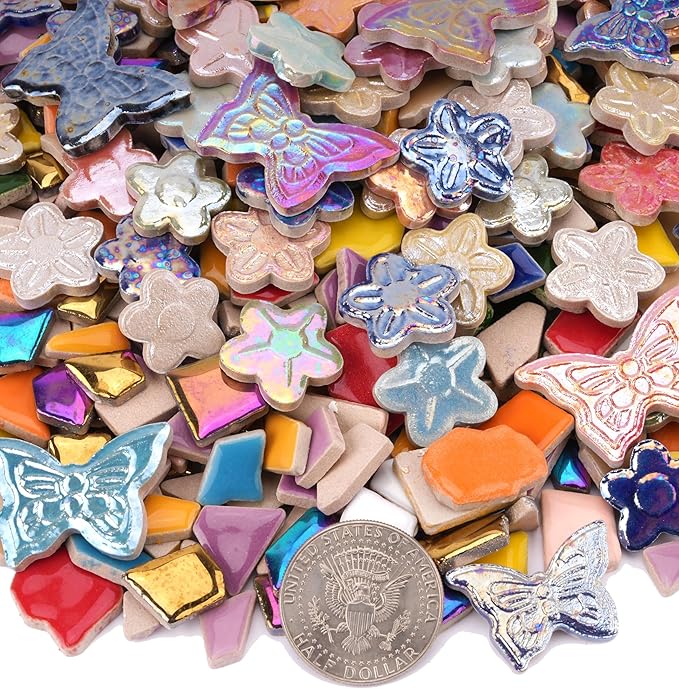 1.5 lb Ceramic Tiles for Mosaics - (Irregular, Flower & Butterfly Mix), Ceramic Mosaic Tiles for Crafts, DIY Art Project & Home Decor