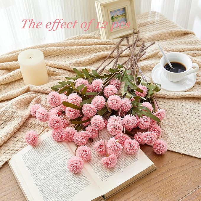 SITUMEIZI Pink Pompon Mum Artificial Flowers Faux Silk Mums Mini Chrysanthemum with Stems 6Pcs for DIY Pink Wedding Centerpieces Floral Arrangements