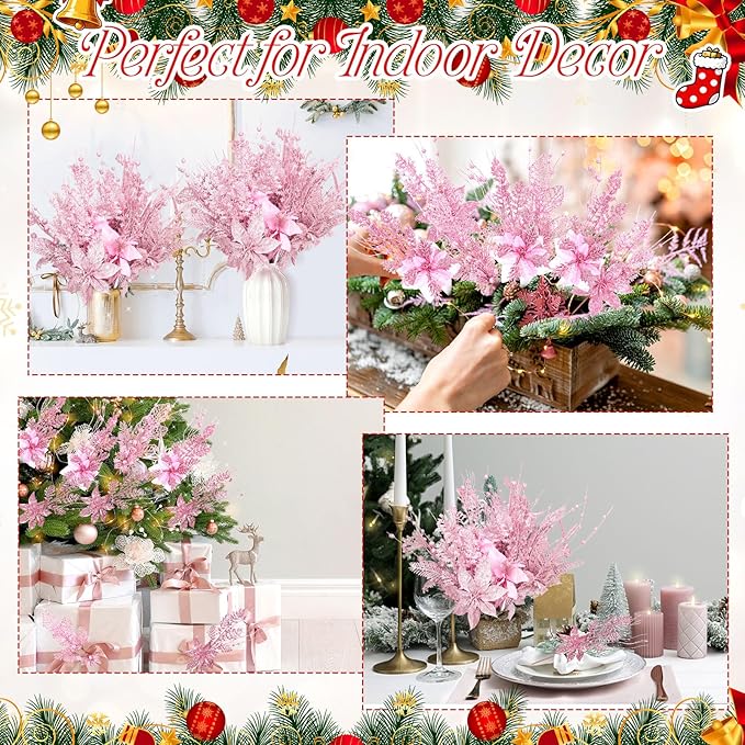 18 Pack 3 Styles 17 Inch Christmas Glitter Poinsettia Berry Stems Ornaments Artificial Floral Branches Picks for Christmas Tree Home Vase Holiday Party Decor(Pink)
