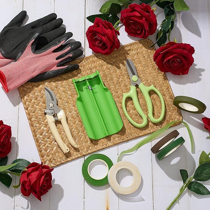 Lasnten 9 Pcs Rose Stripper Thorn Remover Set Include 1 Rose Thorn Stripper Tool 5 Floral Tape 1 Flower Scissor 1 Curve Gardening Scissors 1 Pair Gardening Gloves for Home Wedding Florist(Green)