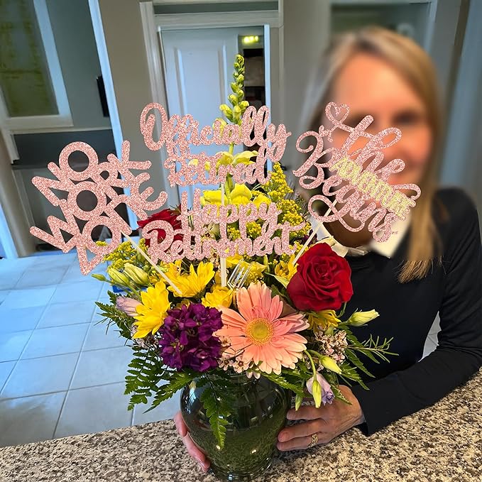Ephlyn 16Pcs Happy Retirement Centerpiece Sticks Officially Retired Table Flower Centerpieces Sticks No Work Zone Floral Decorations for Farewell Birthday Party Centerpieces Supplies Rose Gold