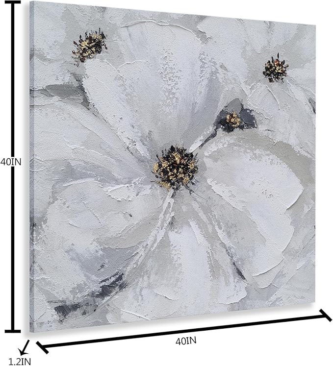 SYGALLERIER Abstract Flower Wall Art - Gray and White Floral Oil Painting with Gold Foil Embellishments - Handmade Canvas Wall Art 40x40 Inch