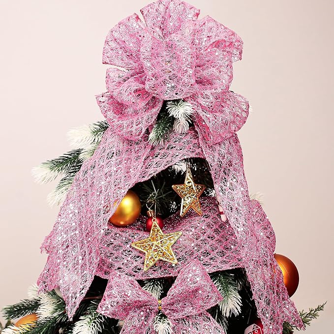 VATIN 4" Pink Christmas Ribbon, Pink Glitter Mesh Diamond Web Sequin Dots Wired Christmas Ribbon for Gift Wrapping Bow Making Wreath Supply-10 Yards