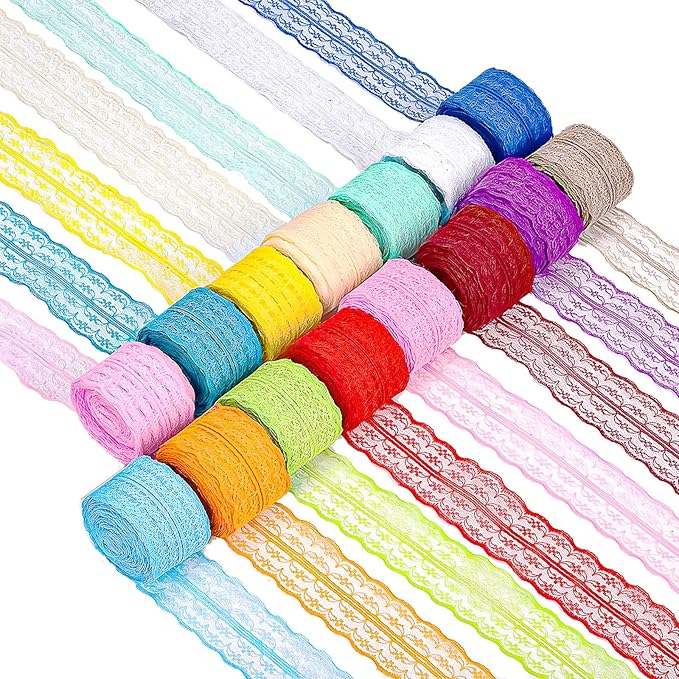 Swpeet 15 Rolls in Total 165 Yards 4.5cm×11 Yards Colorful Lace Ribbon Bilateral Floral Pattern Fabric, Vintage Trim Ribbon Crafting Lace for Decorating, Gift Wrapping