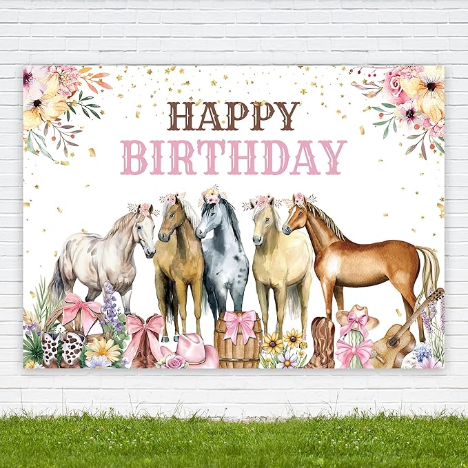 Riyidecor Horse Happy Birthday Backdrop Cowgirl Western Florals Flowers 7Wx5H Feet Polyester Fabric Bow Photography Background for Girls Women Princess Children Table Decor Banner Studio Photo Shoot