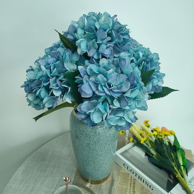 Blue Hydrangea Artificial Flowers,6 Pcs Faux Hydrangea Flowers,Artificial Hydrangeas Flowers with Stems,Fake Hydrangeas,Silk Hydrangeas Flowers with Stems for Home Decor (6, Blue)