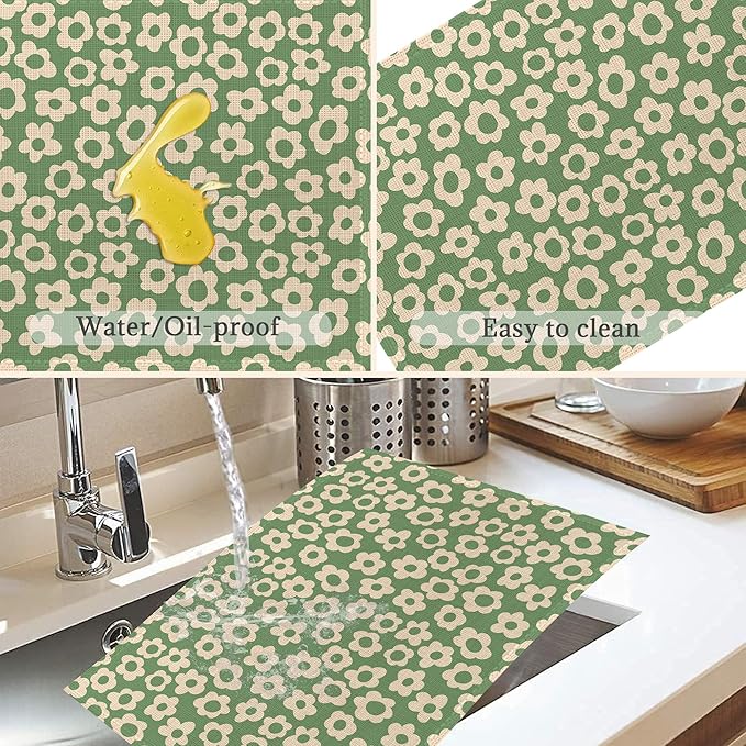 Groovy Green Flower Placemats Set of 6,Washable Heat Resistant 12×18 Inch Linen Table Mats Daisy Place Mats for Party Outdoor Dining Décor