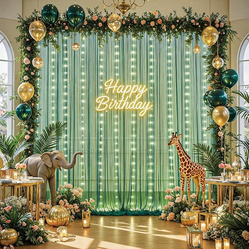 10ft x 8ft Hunter Green Tulle Photo Backdrop Curtain with Lights String for Christmas Party Sheer Curtain Backdrop Drapes for Birthday Party Holiday Wedding Photo Booth Background Room Decorations