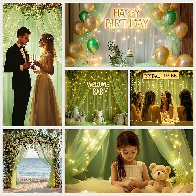 Tulle Curtain Backdrop with 300 LED Fairy Lights for Parites Wrinkle-Free Sheer Curtain Drapes Photo Back Drop for Wedding Baby Shower Bridal Shower Birthday Home Décor - 10ft×10ft, Sage Green