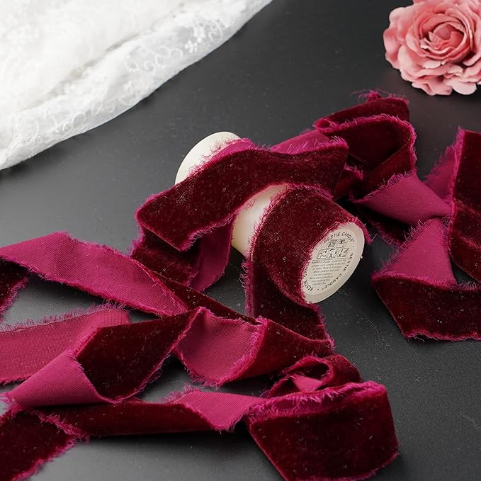 Burgundy Velvet Ribbon 1.5 Inch Maroon Frayed Silk Velvet Ribbon Burgundy Christmas Velvet for Gift, Raw Edge Boho Stylel for Wedding Invitation Bridal Bouquet -3yards