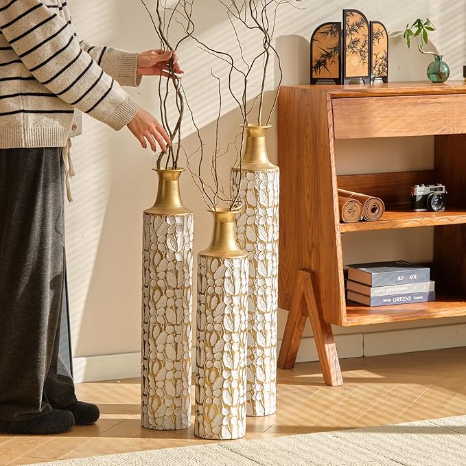 Floor Vases, Tall Home Decor Metal Vase Set of 3 Large Glazed Decorative Vases for Wedding Decor, Elegant Modern Flower Holder for Living Room, Entryway, Hallway, Dining Room