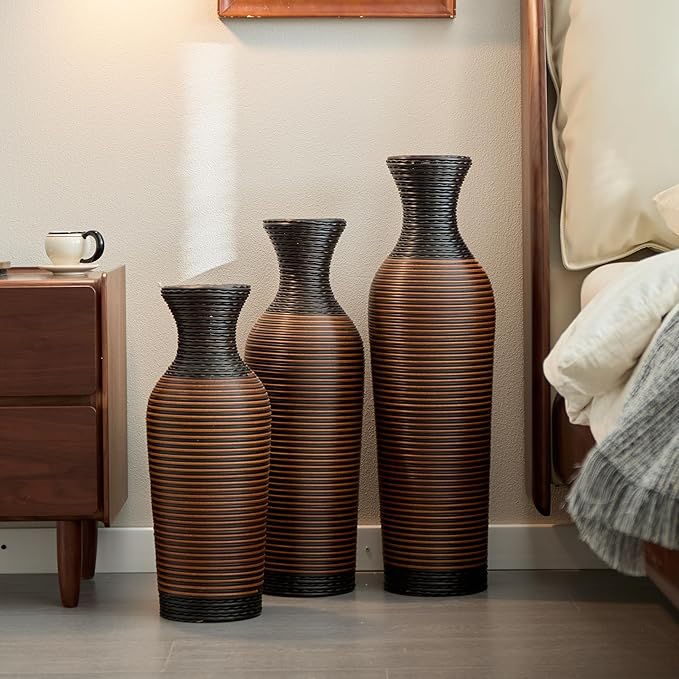 Black and Brown PVC Floor Vase Set of 3, Modern Decorative Flower Stand, Tall Artificial Vine Vase, Classic Home Decoration Vases for Living Room, Entryway, or Office
