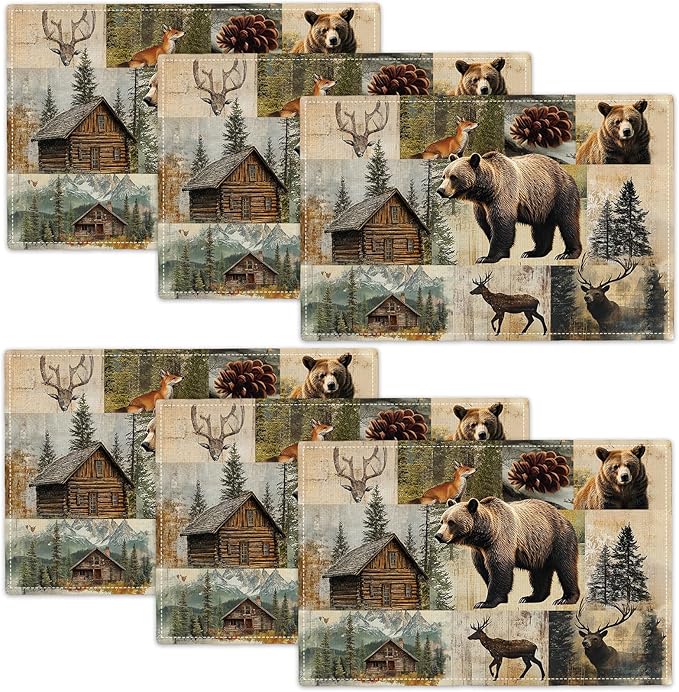 Rustic Bear Deer Fox Cabin Placemats Set of 6, Farmhouse Lodge Place Mats, Country Brown Bear Dining Table Mats, Washable Placemats for Kitchen Dining Room 18L'' × 12W''