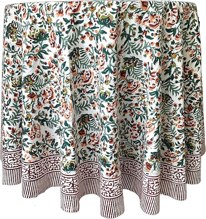 ATOSII Ambrosia Green 100% Cotton Round Tablecloth, Handblock Print Floral Table Cloth for Kitchen Dining Linen I Weddings, Outdoors, Thanksgiving, Christmas I Fall Home Decor I 90" Inches Round