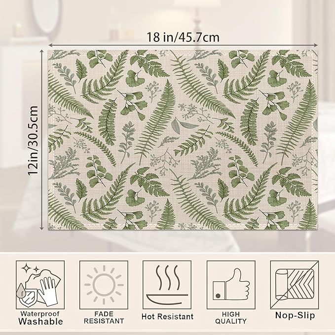 Tropical Fern Herbs Placemats Set of 6,Botanical Floral Leaf Table Mats Non-Slip Heat Resistant Washable Placemat for Party Kitchen Dining Table Decoration Indoor Outdoor