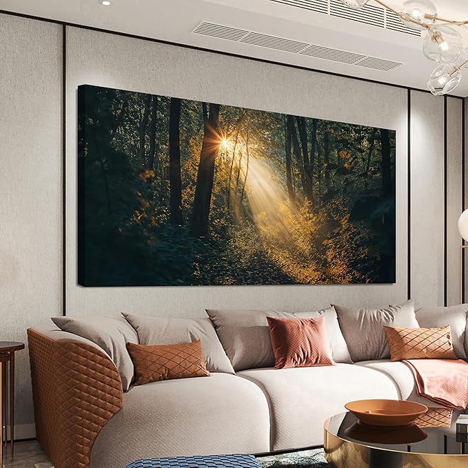 Canvas Wall Art Landscape Dark Green Wall Art Large Sunny Forest Trail Wall Art Decor Artwork For Walls Pictures Prints For Bedroom Decorations Pictures For Living Room Office Wall Decor 24“ X 48”