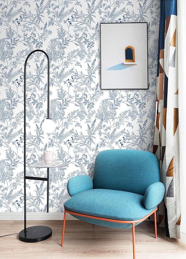 Peel and Stick Wallpaper Blue and White Floral Wall Paper for Bedroom Blue Contact Paper for Cabinets Self-Adhesive Removable Wallpaper for Bathroom Kitchen Wall Decor 118" x 17.3"
